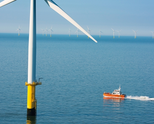 sunny view of the sea, a boat passing a wind turbine closely, with more wind turbines in the background